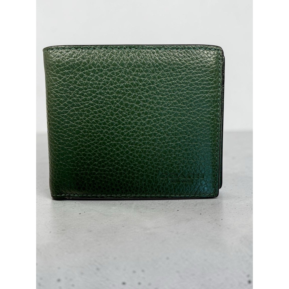 COACH CR398 Men's 3-In-1 Wallet Refine Pebble Leather Emerald Green Bifold